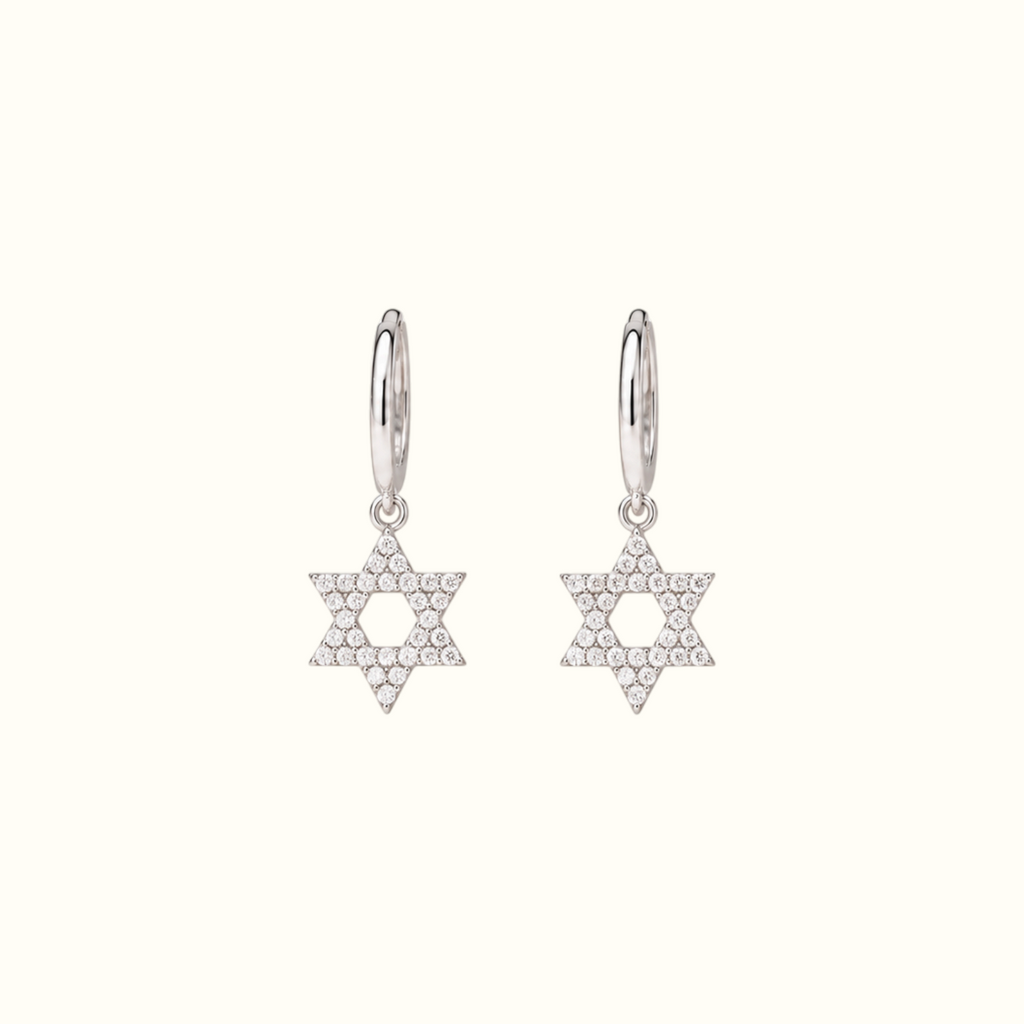 DUGO silver hoop earrings featuring delicate pavé Star of David charms with sparkling clear stones.