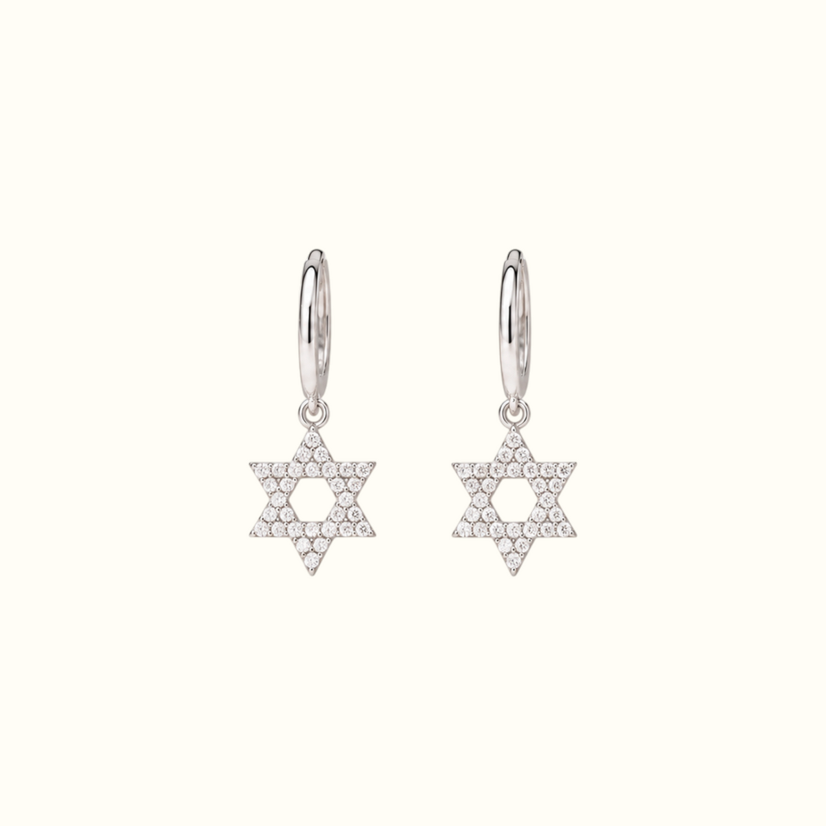 DUGO silver hoop earrings featuring delicate pavé Star of David charms with sparkling clear stones.