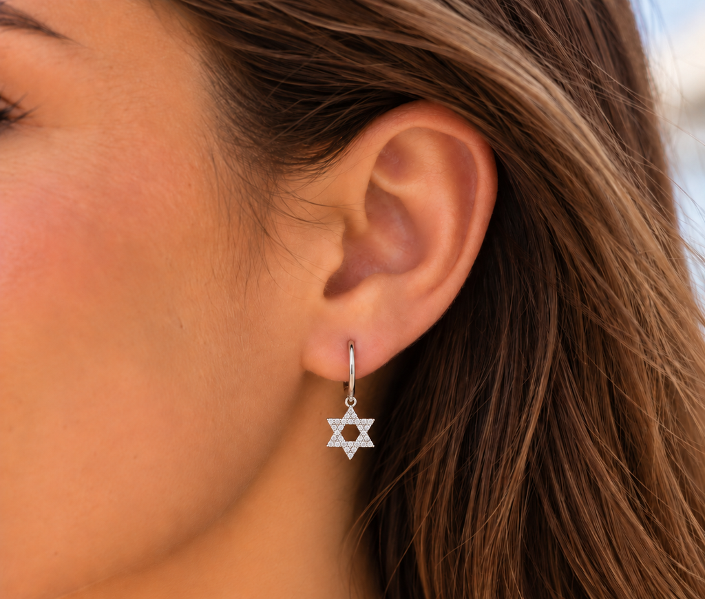 Close-up of DUGO Star of David Hoop Earring
