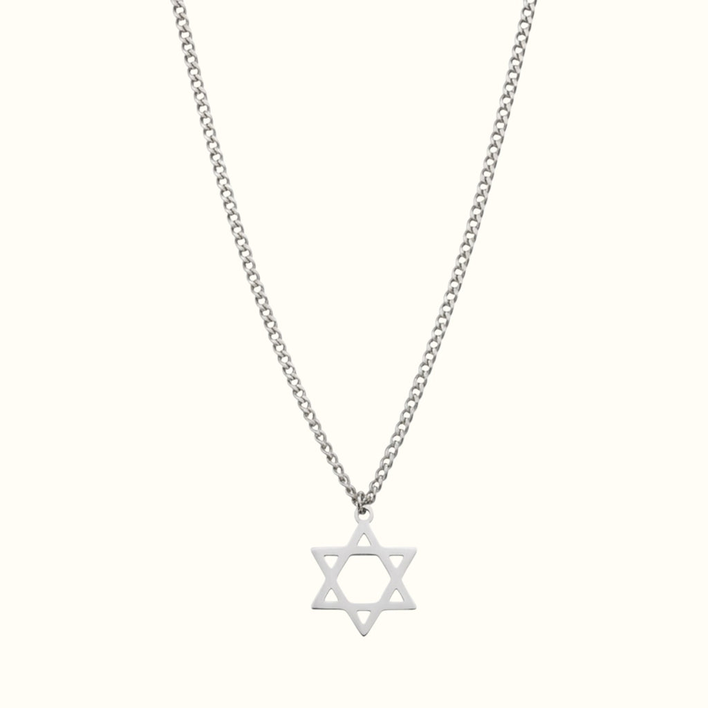 DUGO Star of David pendant necklace in silver-tone stainless steel with a delicate curb chain.