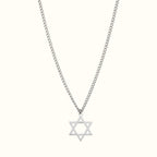 DUGO Star of David pendant necklace in silver-tone stainless steel with a delicate curb chain.