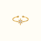 DUGO gold adjustable ring featuring a crystal-accented starburst design on an open band