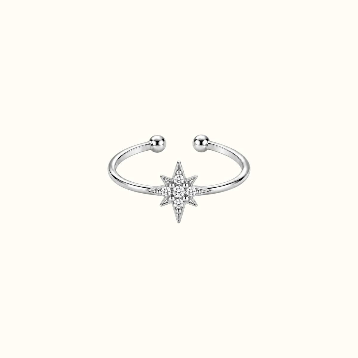DUGO silver starburst ring with crystal accents and an adjustable open band design on a white background.