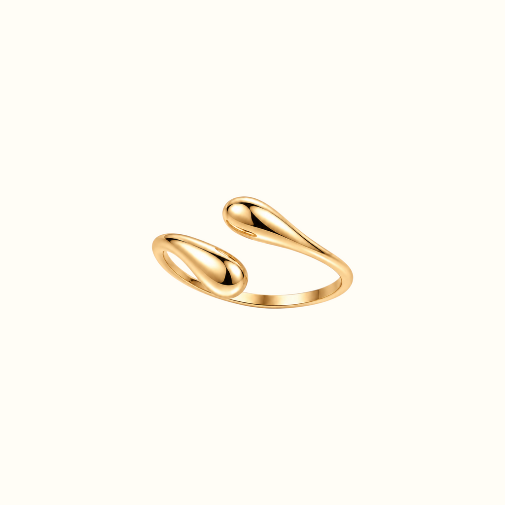 DUGO minimalist gold adjustable ring featuring two smooth teardrop-shaped ends in a sleek sculptural design.