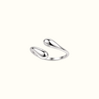DUGO adjustable silver open ring featuring two smooth, polished teardrop-shaped ends in a minimalist sculptural design.