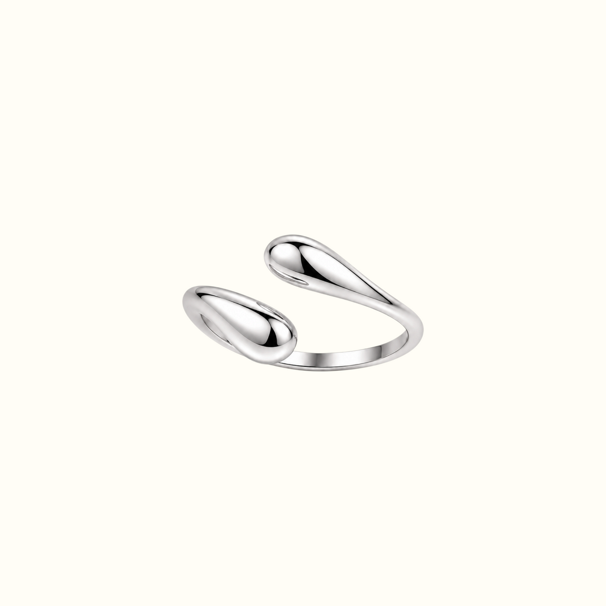 DUGO adjustable silver open ring featuring two smooth, polished teardrop-shaped ends in a minimalist sculptural design.