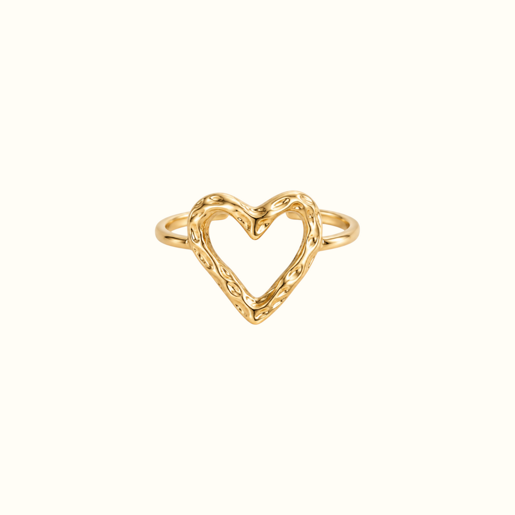 DUGO gold-tone adjustable ring featuring a textured organic heart design on an open band