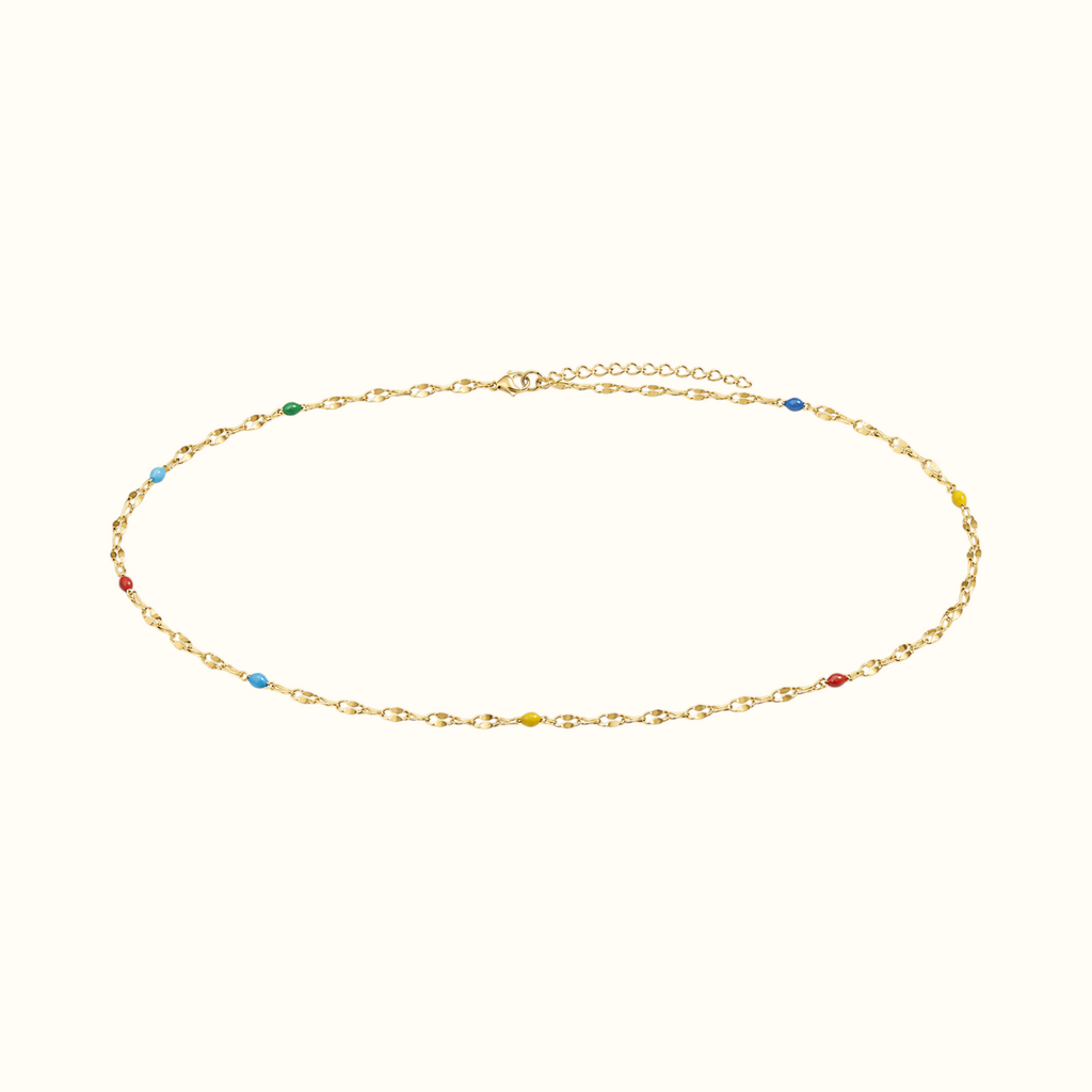 DUGO delicate gold chain anklet featuring small multicolor beads, perfect for summer beach wear.