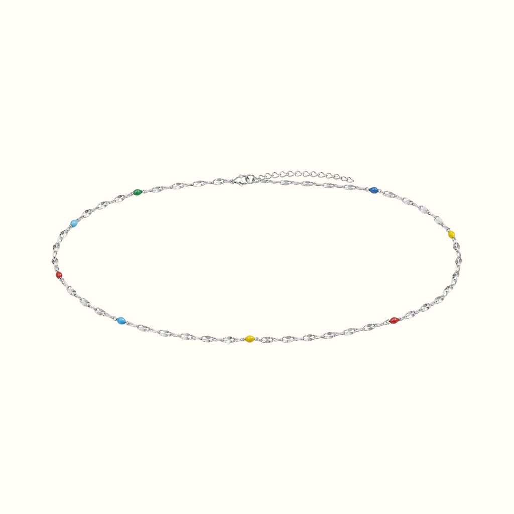 DUGO thin silver chain anklet featuring delicate multicolor beaded accents for a playful summer look.