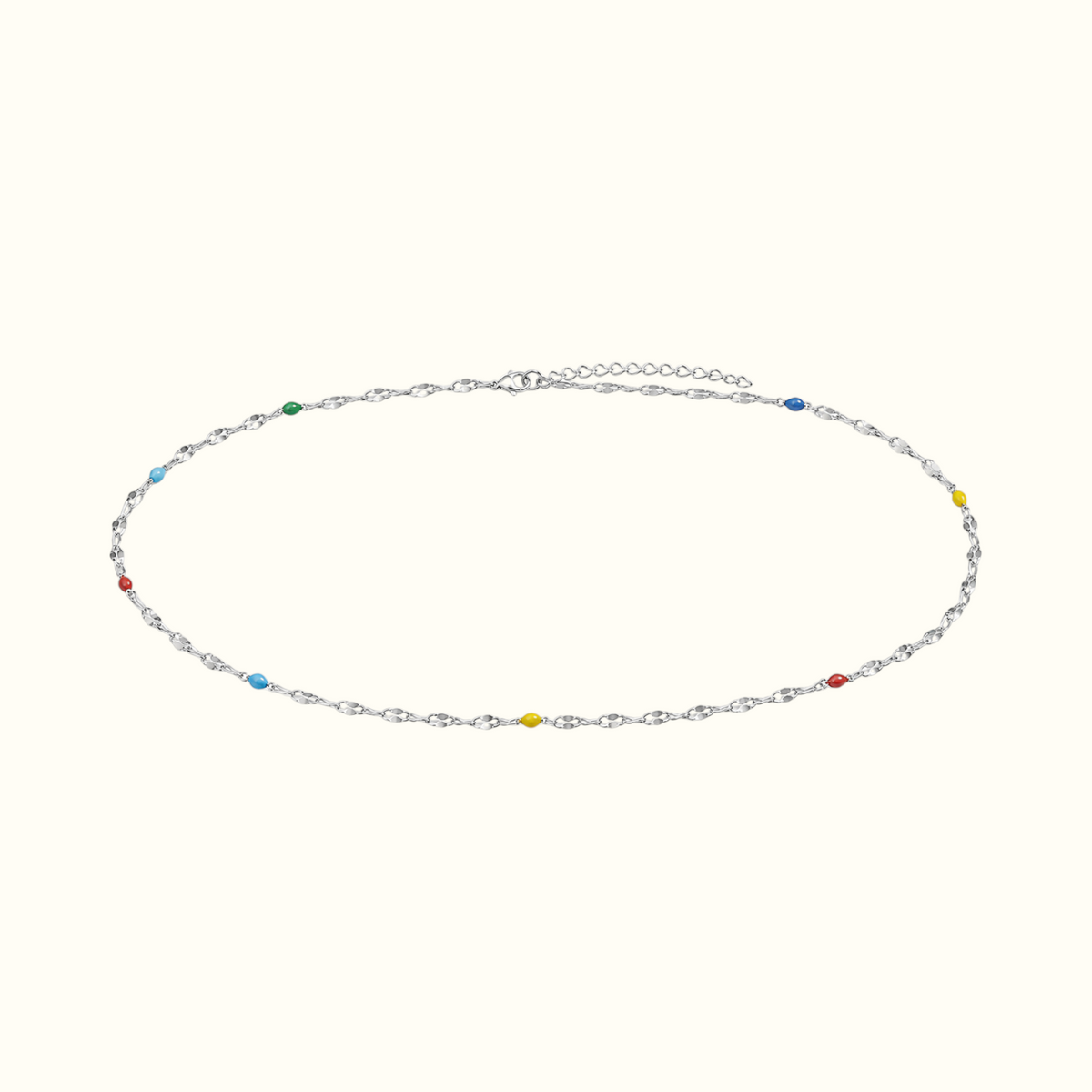 DUGO thin silver chain anklet featuring delicate multicolor beaded accents for a playful summer look.