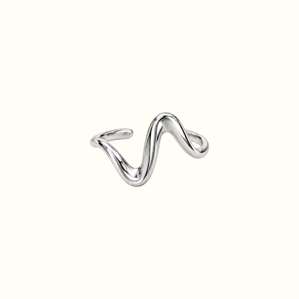 DUGO silver wave ring with a minimalist open-band design made from polished stainless steel on a white background.