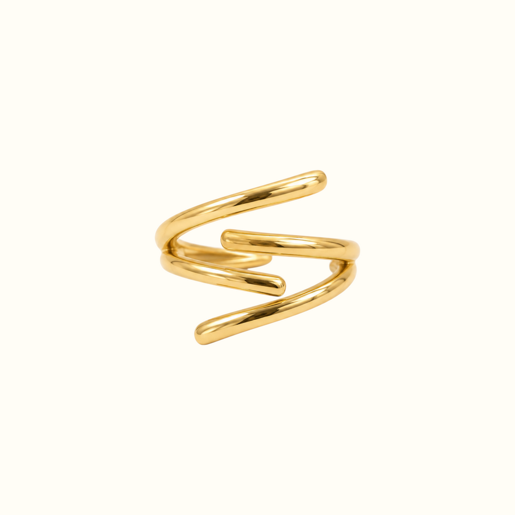 DUGO gold-tone adjustable ring featuring a modern open design with overlapping zigzag lines on a white background.