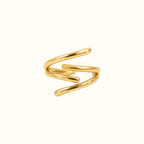 DUGO gold-tone adjustable ring featuring a modern open design with overlapping zigzag lines on a white background.