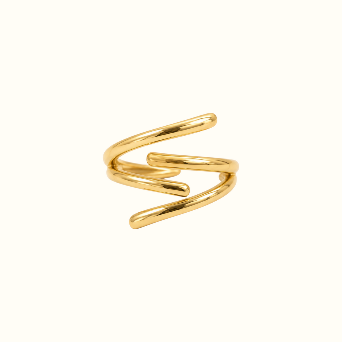 DUGO gold-tone adjustable ring featuring a modern open design with overlapping zigzag lines on a white background.